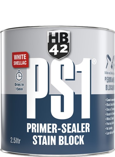 HB42 PS1 Primer-Sealer Stain Block, made from shellac for high performance permanent stain blocking.

Suitable for interior surfaces and to spot exterior surfaces. Providing a rapid matt finish that covers stains in one coat! Ideal for use on all interior woodwork, plaster, glossy and hard to paint surfaces such as tiles, varnish, or gloss paints. Block odours including mould, smoke and nicotine.