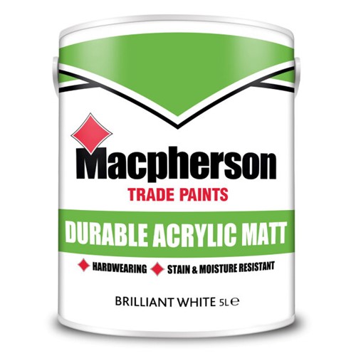 The Macpherson Durable Matt is a hard wearing emulsion for interior walls and ceilings. The product has been specially formulated to allow scuffs and stains to be easily washed away. Walls will stay fresher for longer with the finish due to it&#39;s built in stain and moisture resistance.