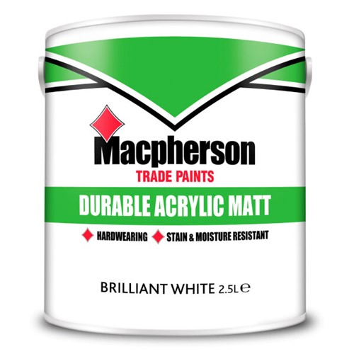 The Macpherson Durable Matt is a hard wearing emulsion for interior walls and ceilings. The product has been specially formulated to allow scuffs and stains to be easily washed away. Walls will stay fresher for longer with the finish due to it&#39;s built in stain and moisture resistance.