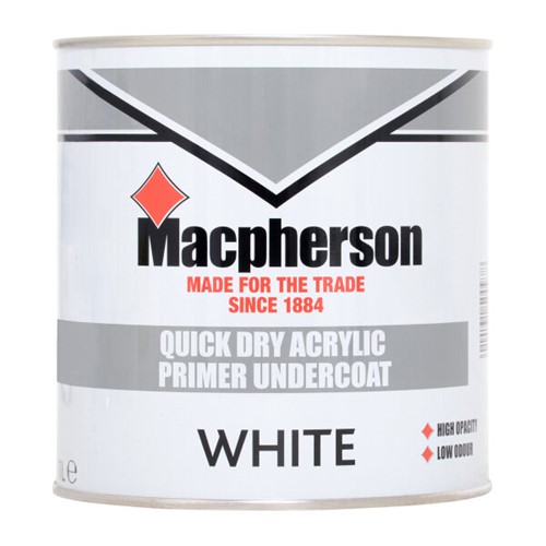 Macpherson Quick Dry Acrylic Primer Undercoat is a low VOC product which is thinned with water and suitable for both interior and exterior use. It is touch dry in 2 hours and recoatable after 4 hours.