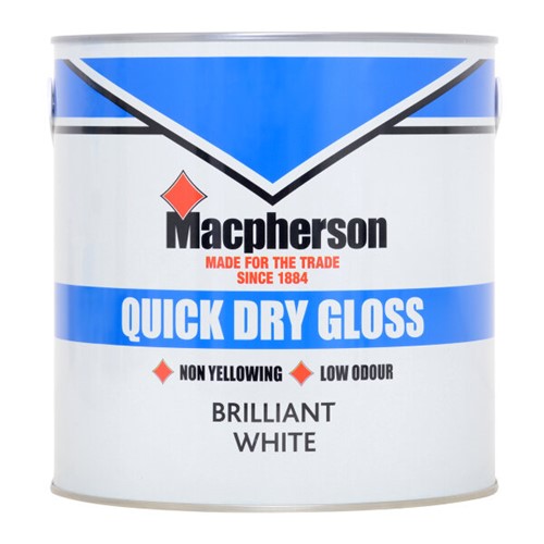 Macpherson Quick Dry Gloss is a water-based, low VOC content gloss finish, suitable for interior use.

A fast-drying, self-undercoating product based on acrylic resins. It can be thinned with water and provides a non-yellowing finish with minimal odour. It provides good resistance to knocking and scuffing and can be applied over most previously painted surfaces. On new surfaces apply over the top of a suitable primer.

Application is recommended by synthetic brush with coverage up to 13sq/m per litre. Touch dry in 2 hours and recoatable in 6 hours. 2 coats are recommended.