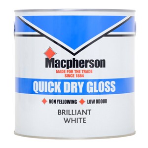 Macpherson Quick Dry Gloss is a water-based, low VOC content gloss finish, suitable for interior use.

A fast-drying, self-undercoating product based on acrylic resins. It can be thinned with water and provides a non-yellowing finish with minimal odour. It provides good resistance to knocking and scuffing and can be applied over most previously painted surfaces. On new surfaces apply over the top of a suitable primer.

Application is recommended by synthetic brush with coverage up to 13sq/m per litre. Touch dry in 2 hours and recoatable in 6 hours. 2 coats are recommended.