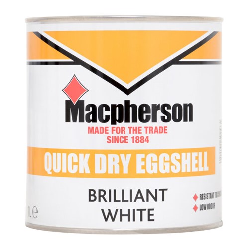 Macpherson Quick Dry Eggshell is a low VOC content eggshell finish which is suitable for interior use.

Being a water-based eggshell it is a tough, durable mid-sheen finish for interior plaster and wood. With a highly scrubbable finish, it is an ideal product for high-traffic areas such as hallways, kitchens and bathrooms. It can be applied over most previously painted surfaces without an undercoat.

On new plaster surfaces, thin the first coat with water to the manufacturer&#39;s recommendation. On new wooden surfaces apply over the top of a suitable primer.

Application is recommended by brush, roller or airless spray with coverage up to 15sq/m per litre. Touch dry in 1-2 hours and recoatable in 4 hours. 2 coats are recommended.