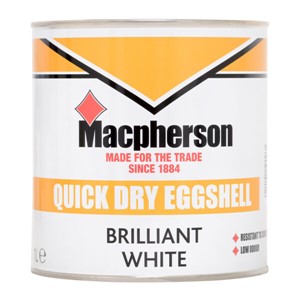 Macpherson Quick Dry Eggshell is a low VOC content eggshell finish which is suitable for interior use.

Being a water-based eggshell it is a tough, durable mid-sheen finish for interior plaster and wood. With a highly scrubbable finish, it is an ideal product for high-traffic areas such as hallways, kitchens and bathrooms. It can be applied over most previously painted surfaces without an undercoat.

On new plaster surfaces, thin the first coat with water to the manufacturer&#39;s recommendation. On new wooden surfaces apply over the top of a suitable primer.

Application is recommended by brush, roller or airless spray with coverage up to 15sq/m per litre. Touch dry in 1-2 hours and recoatable in 4 hours. 2 coats are recommended.