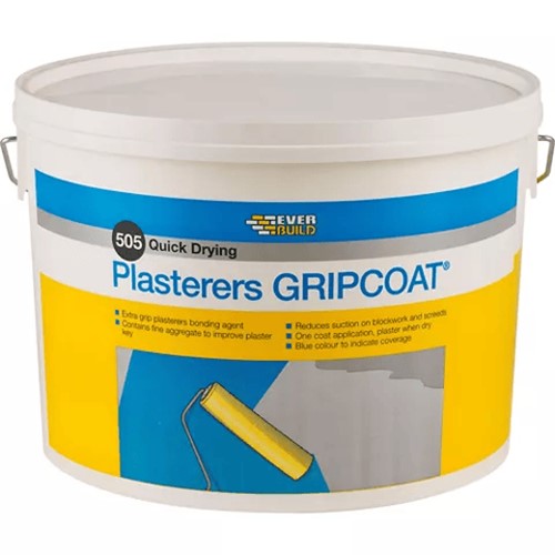 EVERBUILD 505 Plasterers GRIPCOAT&#174; contains a fine aggregate to provide an improved key before applying the plaster skim coat on many smooth and difficult surfaces. The fine aggregates are suspended in a unique gel to ensure easy application by roller or brush and an even spread of aggregate avoiding any weak spots in the key coat and preventing the aggregate particles coming loose during skimming.
Can be used on many smooth and difficult surfaces such as glossy painted surfaces, textured paints, particle board, MDF, waterproof plasterboards, fire boards, pre-cast concrete and even ceramic tiles. One easily applied coat will allow overskimming onto surfaces that would otherwise need meshing, removing or keying.
EVERBUILD 505 Plasterers GRIPCOAT&#174; can also be used to provide a non-absorbent surface that reduces suction on blockwork and sand and cement screeds keeping the skim coat workable for longer. It can also be used to retard plaster skim coats on larger areas where you need to keep a wet edge.