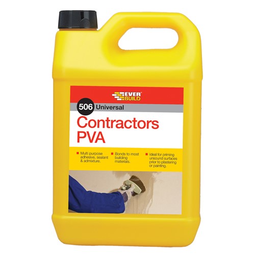 506 Contractors PVA 5ltr is a multi-purpose primer, sealer, cement filler and plaster admixture that adheres to most common building and DIY materials.