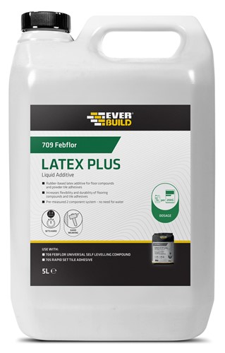 5ltr 709 FebFlor Latex Plus is a premium rubber based latex additive for use with Self Level Floor Compound and powder tile adhesives to both strengthen the mix and provide a limited degree of movement capability in the sub floor. Ideal for use when covering sound timber flooring substrates to allow for limited amount of movement.  A 5 litre container is sufficient to mix a 20 kilo bag of Self Level Floor Compound or adhesive.