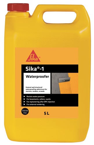 5ltr Sika&#174;-1 Waterproofer is an aqueous solution containing complex colloidal silicates. In the presence of water these swell and block the capillaries and pores in the applied sand/cement renders, screeds and mortar to provide an effective barrier against the transmission of liquid water.