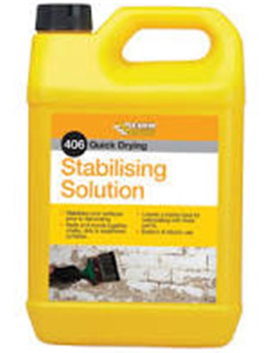 406 Stabilising Solution 5ltr is a microscopically fine polymer emulsion that penetrates dusty, chalky and badly weathered surfaces to leave a stable sound base for decoration with paint, wallpaper, tiling and more.