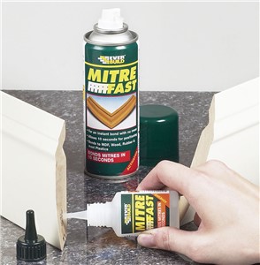 Mitre Fast Bonding Kit is a two-part instant adhesive system comprising a cyanoacrylate adhesive and aerosol activator.