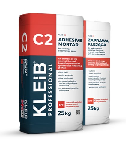 KLEIB C2 is an element of the external thermal insulation composite system with rendering (ETICS) marketed under the trade name KLEIB.

KLEIB C2 is a cement adhesive mortar for forming a reinforced layer in the KLEIB system. It is also suitable for fixing polystyrene sheets on all typical, structurally sound and even mineral substrates (concretes, renders, brickwork, hollow blockwork, stone elements, cement boards) and insulated concrete formwork.