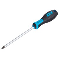 The OX-P362915 OX Pro Pozi Screwdriver PZ3 x 150mm is a heavy-duty driver built for larger Pozi screws and demanding site tasks. Made from hardened chrome vanadium steel, the 150mm blade delivers strength and durability. The precision-machined PZ3 tip ensures a perfect fit, reducing cam-out and maximising torque transfer. The ergonomic soft-grip handle provides comfort, control, and reduced fatigue, making it ideal for carpenters, builders, and professional trades.