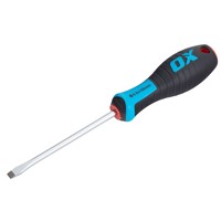 The OX Pro Slotted Flared Screwdriver 100 x 5.5mm is a durable hand tool designed for professional use. Built with a hardened chrome vanadium steel blade, it provides excellent strength and torque. The precision-machined flared tip fits securely into slotted screws, reducing cam-out and improving accuracy. Fitted with an ergonomic soft-grip handle, it ensures comfort and control even during extended use.