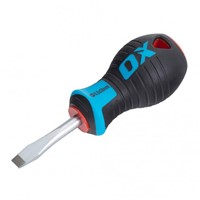 The OX-P362338 OX Pro Slotted Flared Screwdriver Stubby 6.5 x 38mm is designed for use in confined spaces where a full-length screwdriver won’t fit. Made from hardened chrome vanadium steel, it offers durability and strength. The precision-machined flared tip ensures a secure fit in slotted screws, while the ergonomic soft-grip handle provides comfort and control. Compact, tough, and reliable, this stubby screwdriver is ideal for electricians, carpenters, and site professionals.